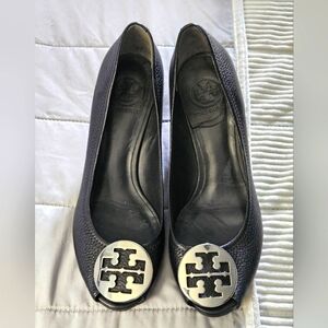 Tory Burch Black Wedges Peep Toe with Silver Logo Size 9.5